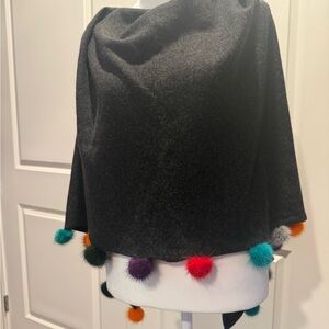 Gray Cashmere Cape  Colorful Pom Poms